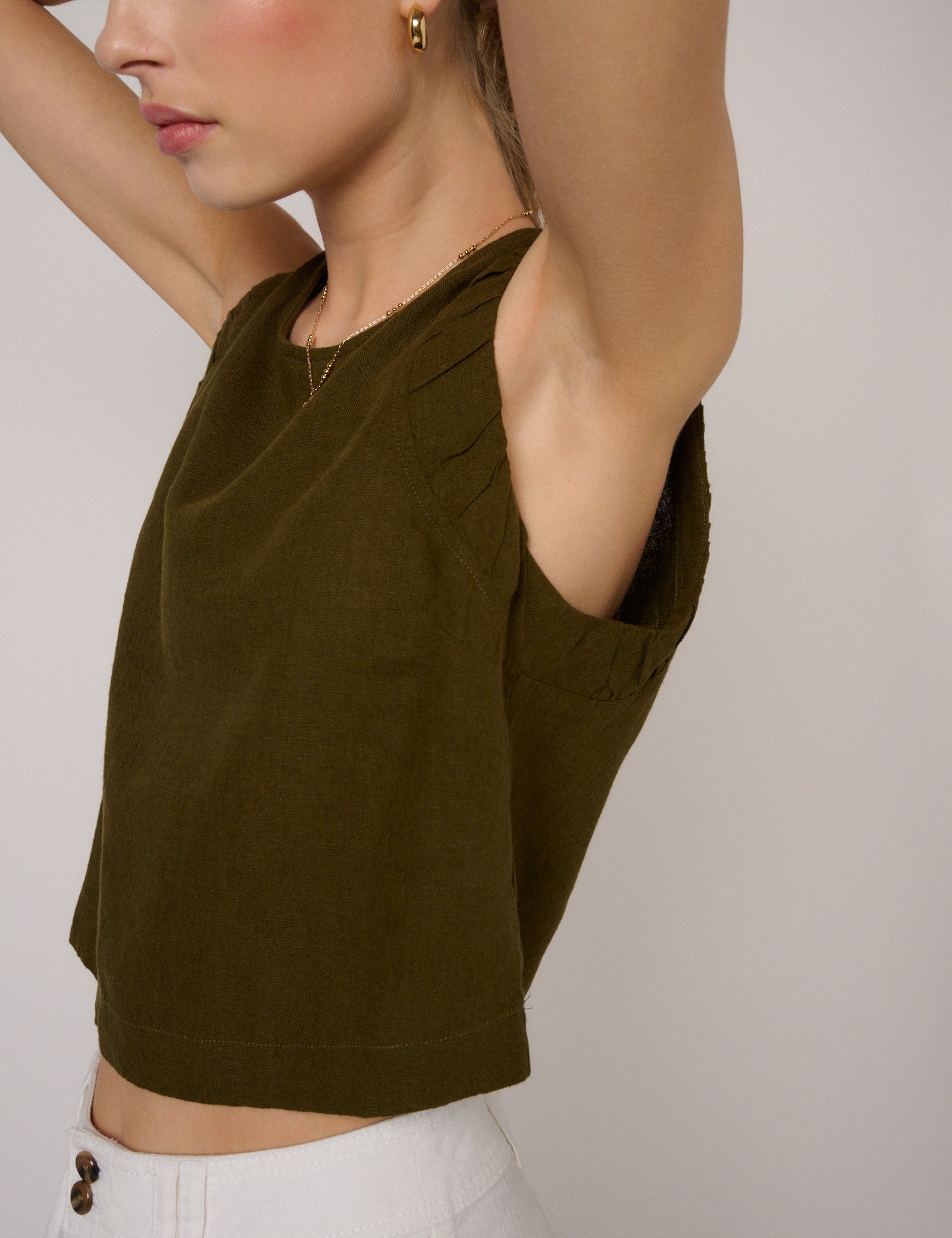 Khaki Green Linen-Blend Ruched Tank
