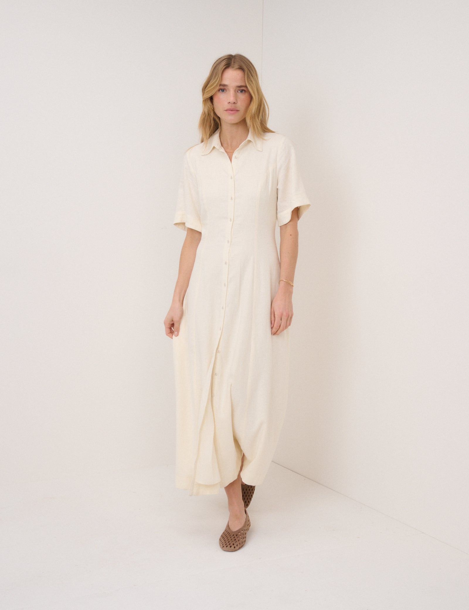 Beige Linen-Blend Dillon Shirt Dress