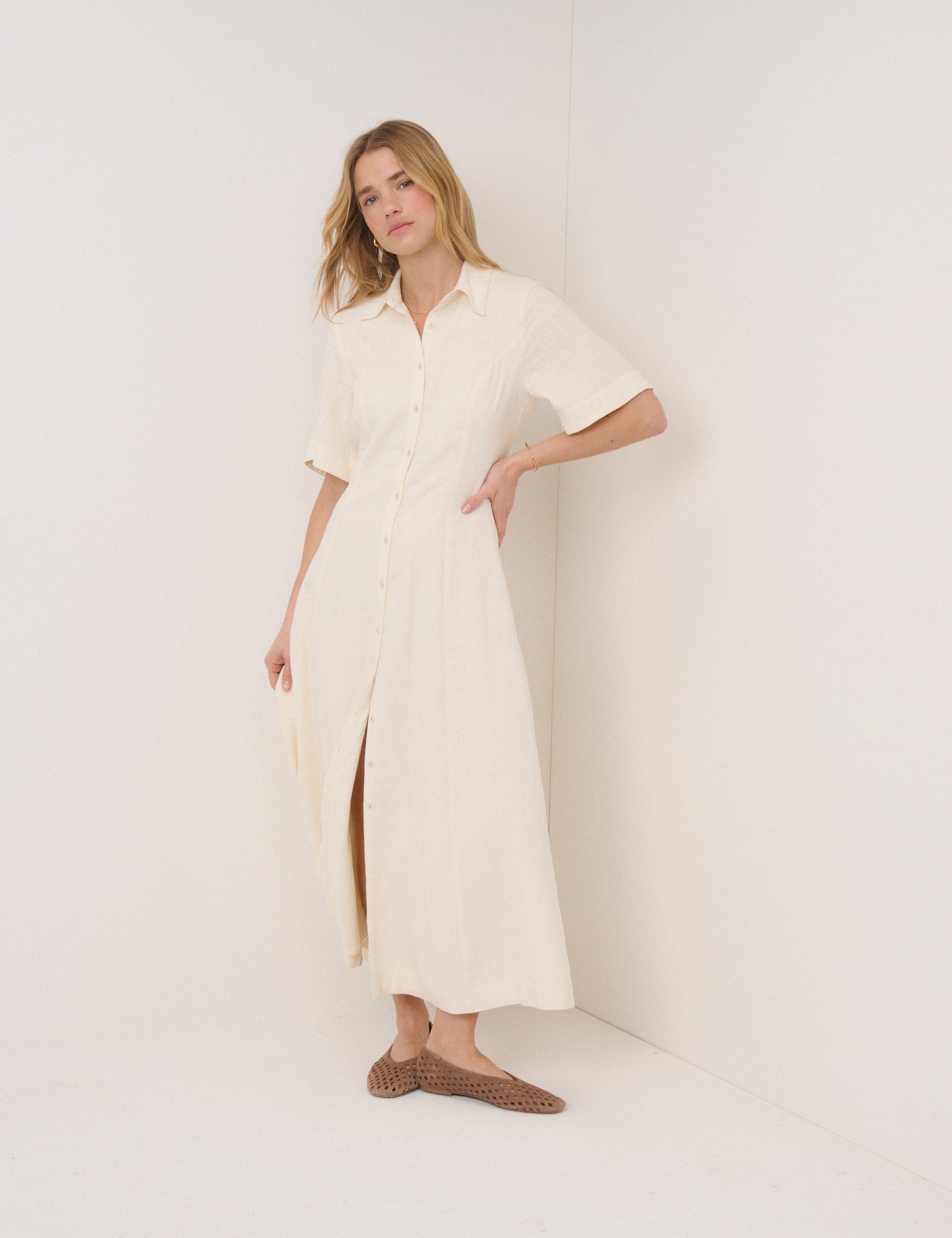 Beige Linen-Blend Dillon Shirt Dress