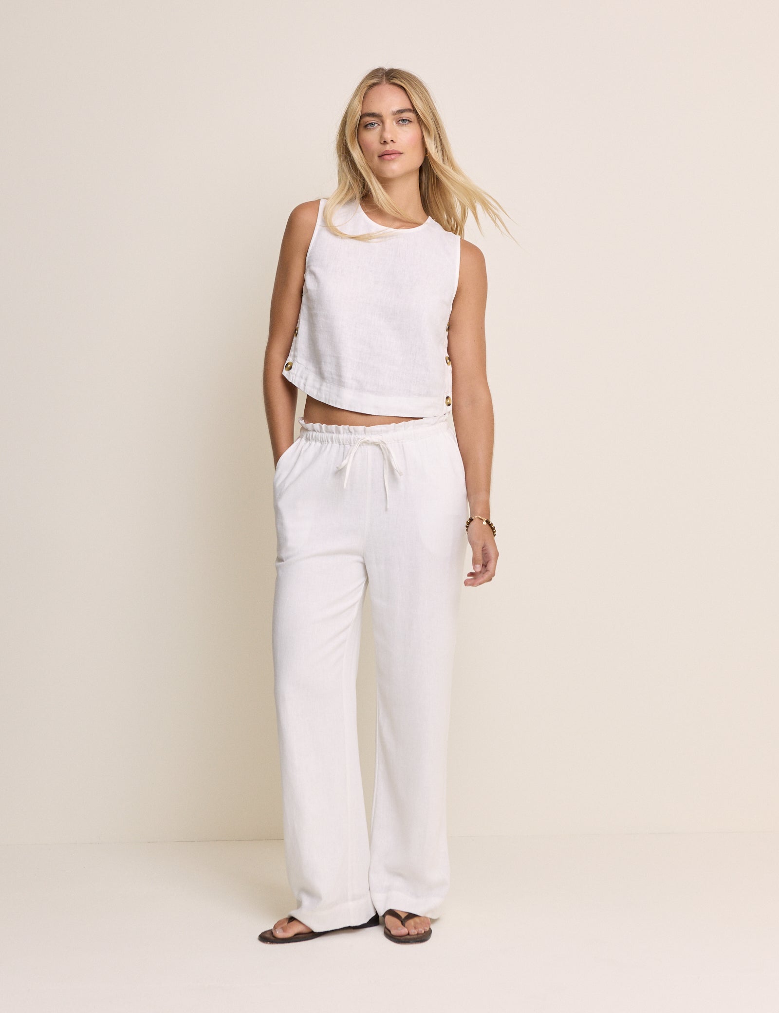 White Linen-Blend Straight Leg Trousers