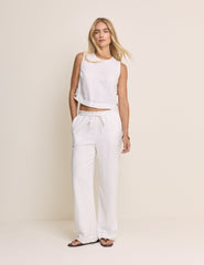 White Linen-Blend Straight Leg Trousers