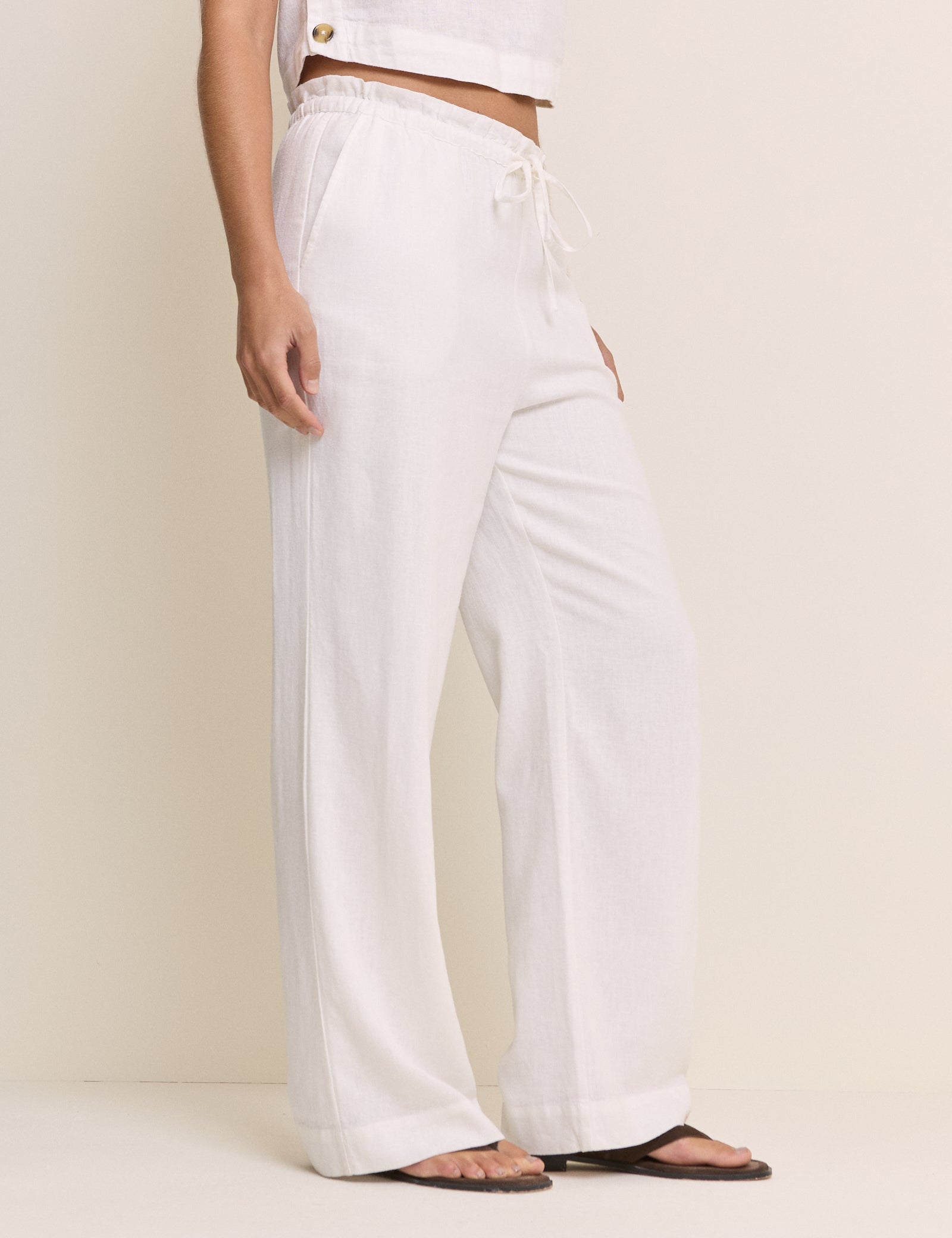White Linen-Blend Straight Leg Trousers