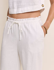 White Linen-Blend Straight Leg Trousers