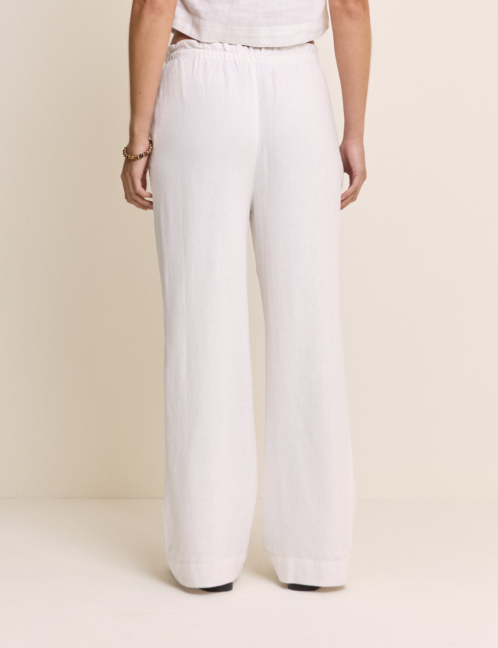 White Linen-Blend Straight Leg Trousers