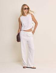 White Linen-Blend Straight Leg Trousers