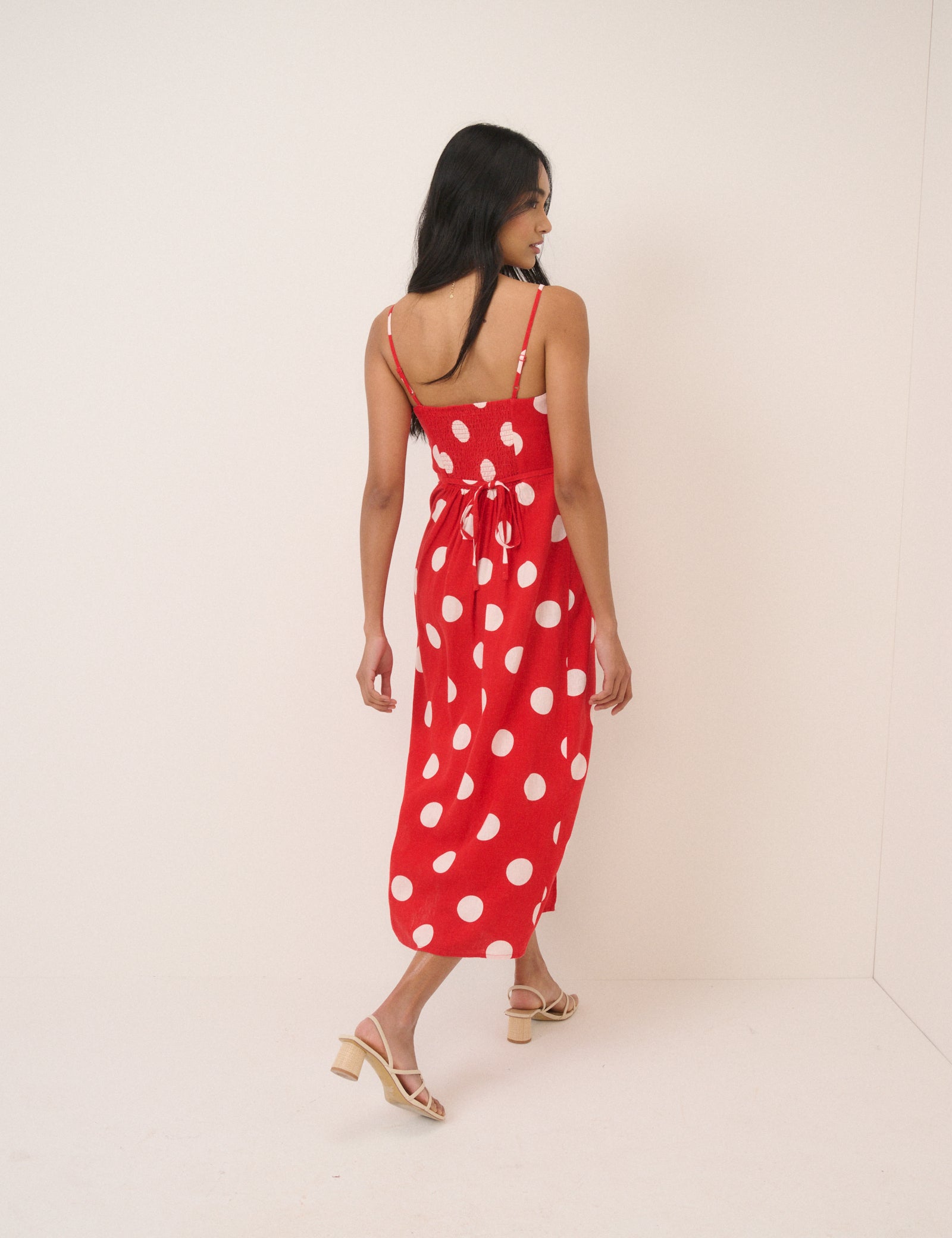 Red Polka Dot Linen-Blend Maddy Midi Dress