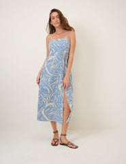 Blue Printed Linen-Blend Maddy Midi Dress