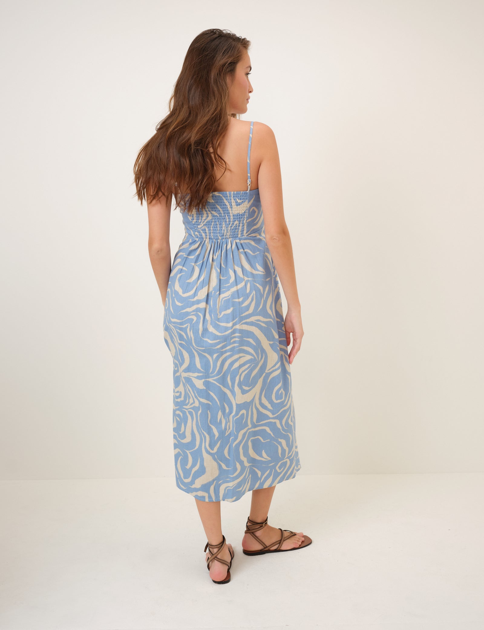 Blue Printed Linen-Blend Maddy Midi Dress