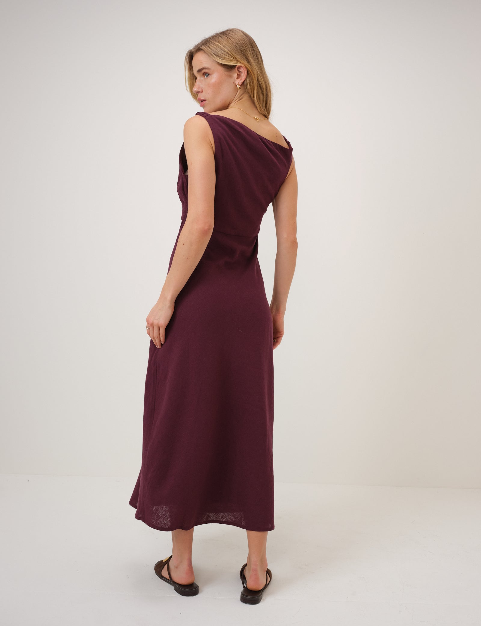 Plum Linen-Blend Kalani Midi Dress