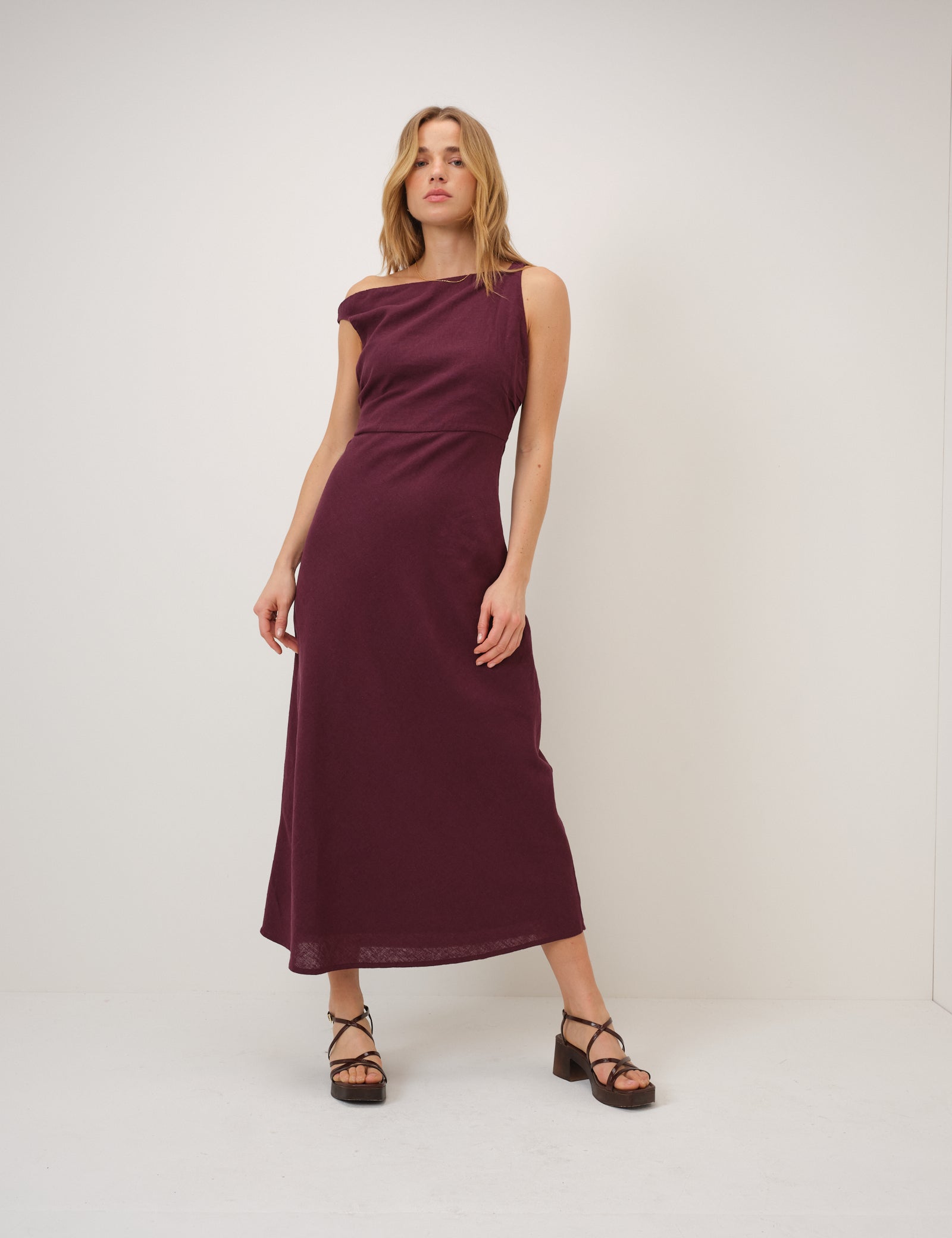Plum Linen-Blend Kalani Midi Dress