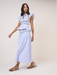 Blue Striped Shirred Top & Skirt Set