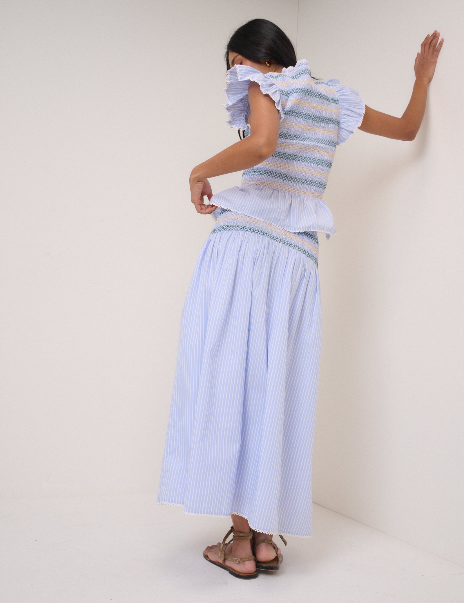 Blue Striped Shirred Top & Skirt Set