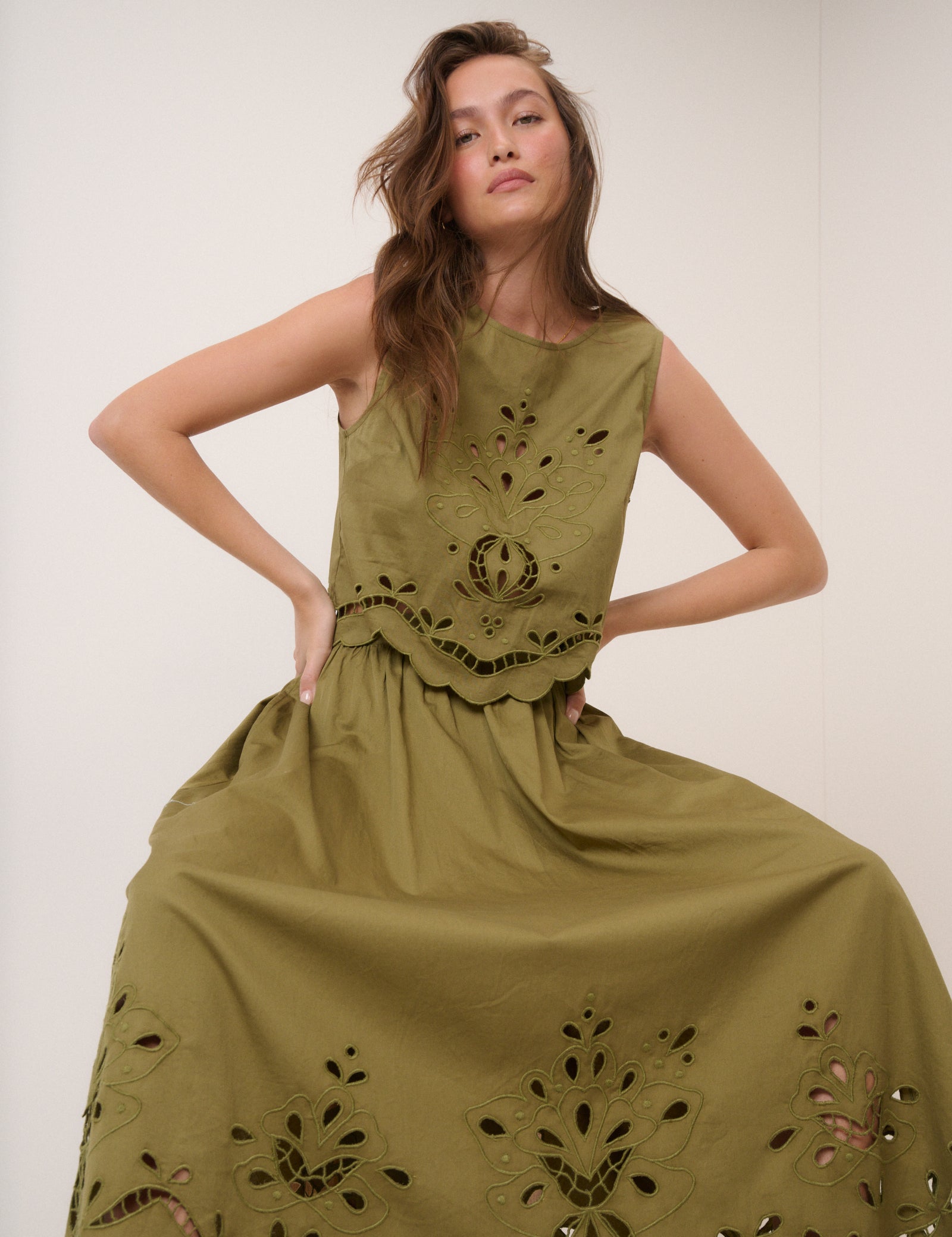 Green Broderie Anglaise Top & Skirt Set