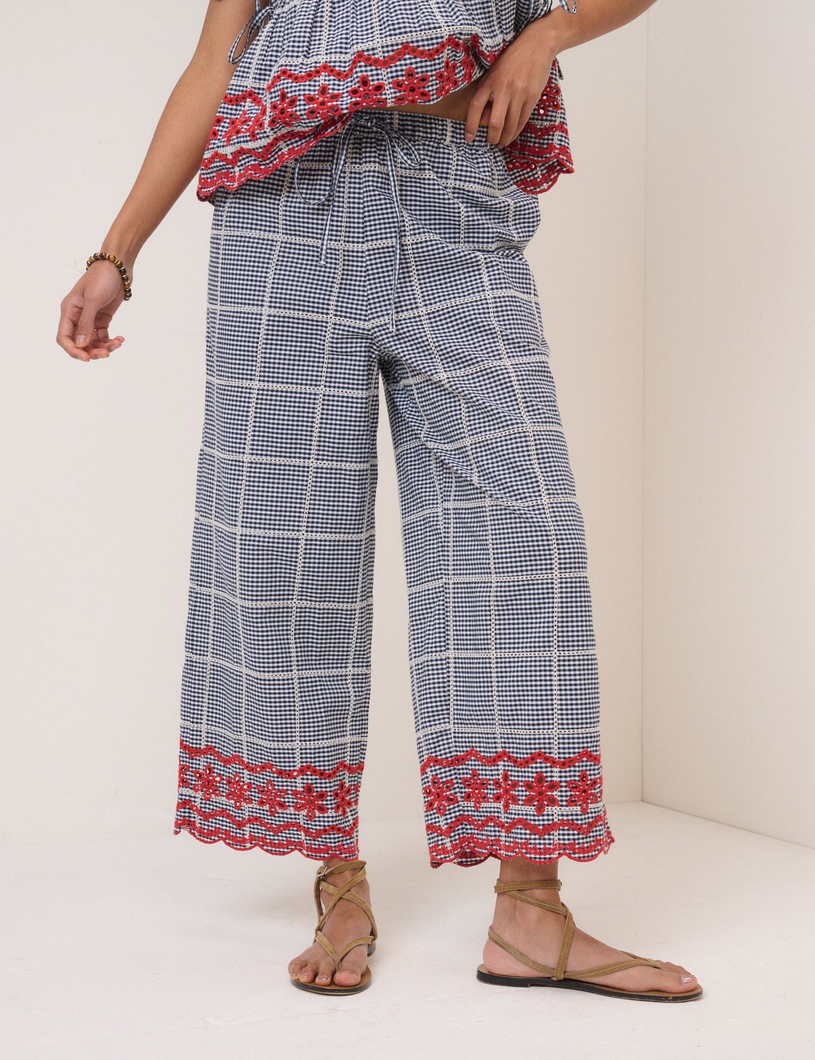 Black Gingham Embroidered Top & Trouser Set