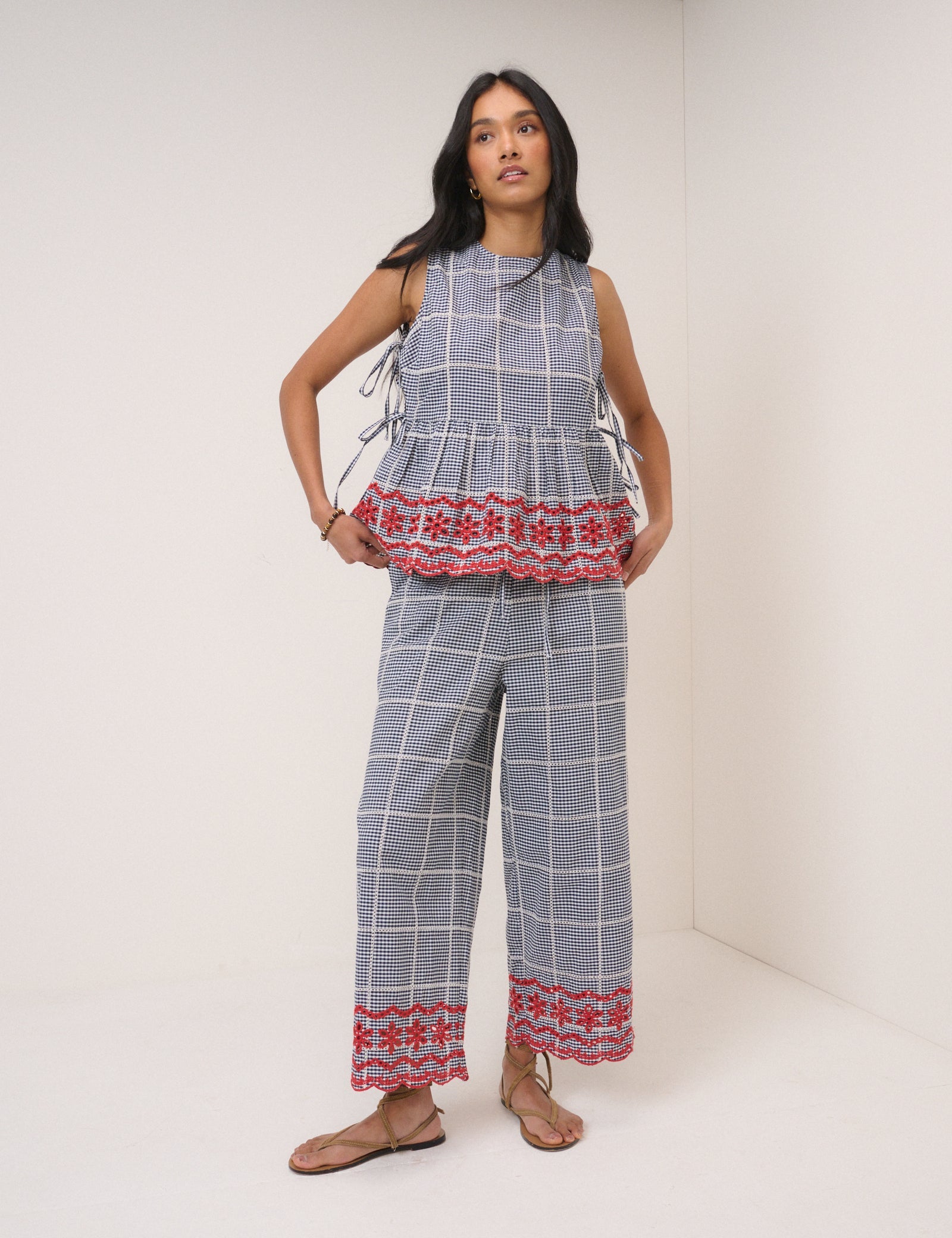 Black Gingham Embroidered Top & Trouser Set