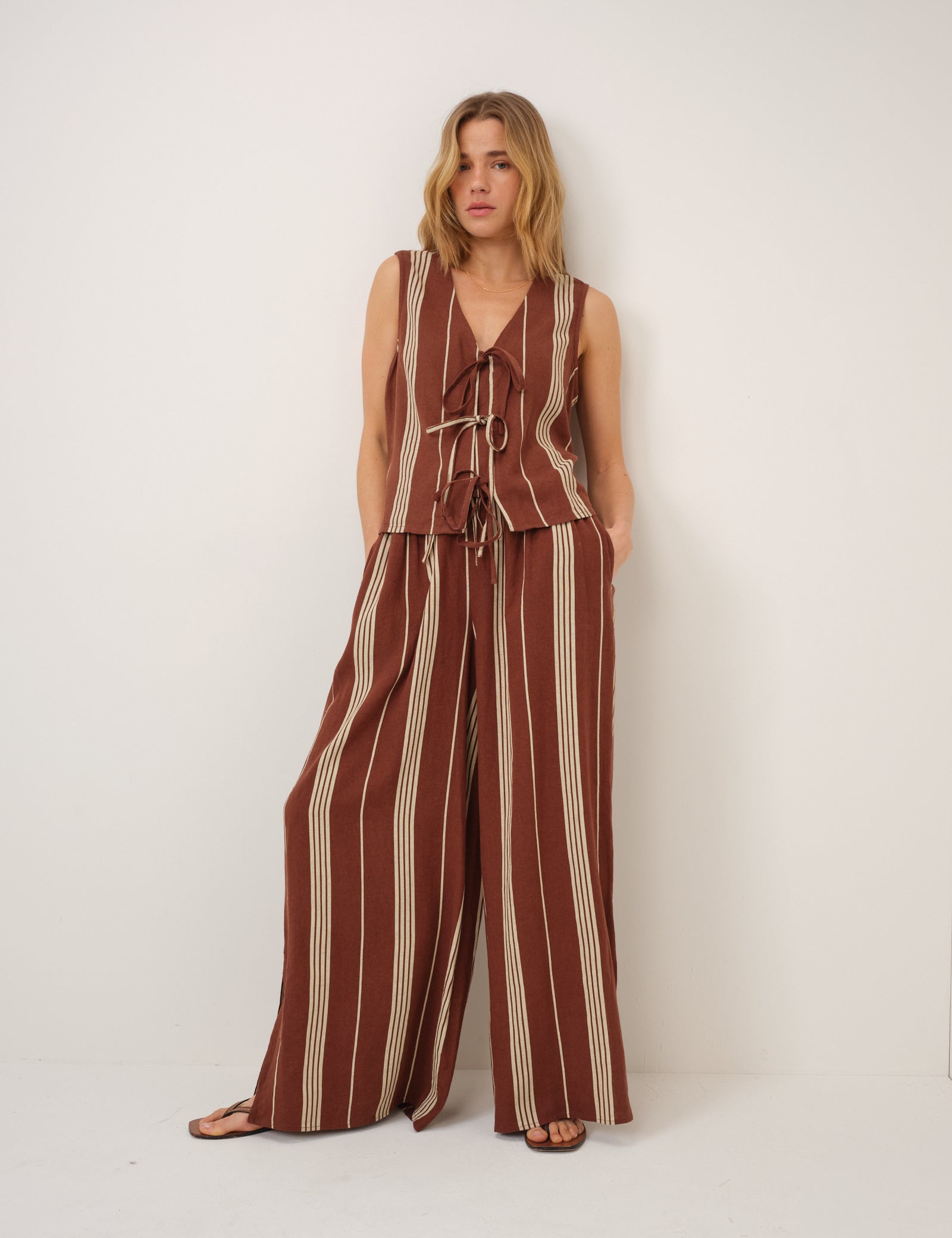 Brown Striped Linen-Blend Split Hem Trousers