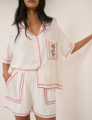 Cream Embroided Shirt & Shorts Set