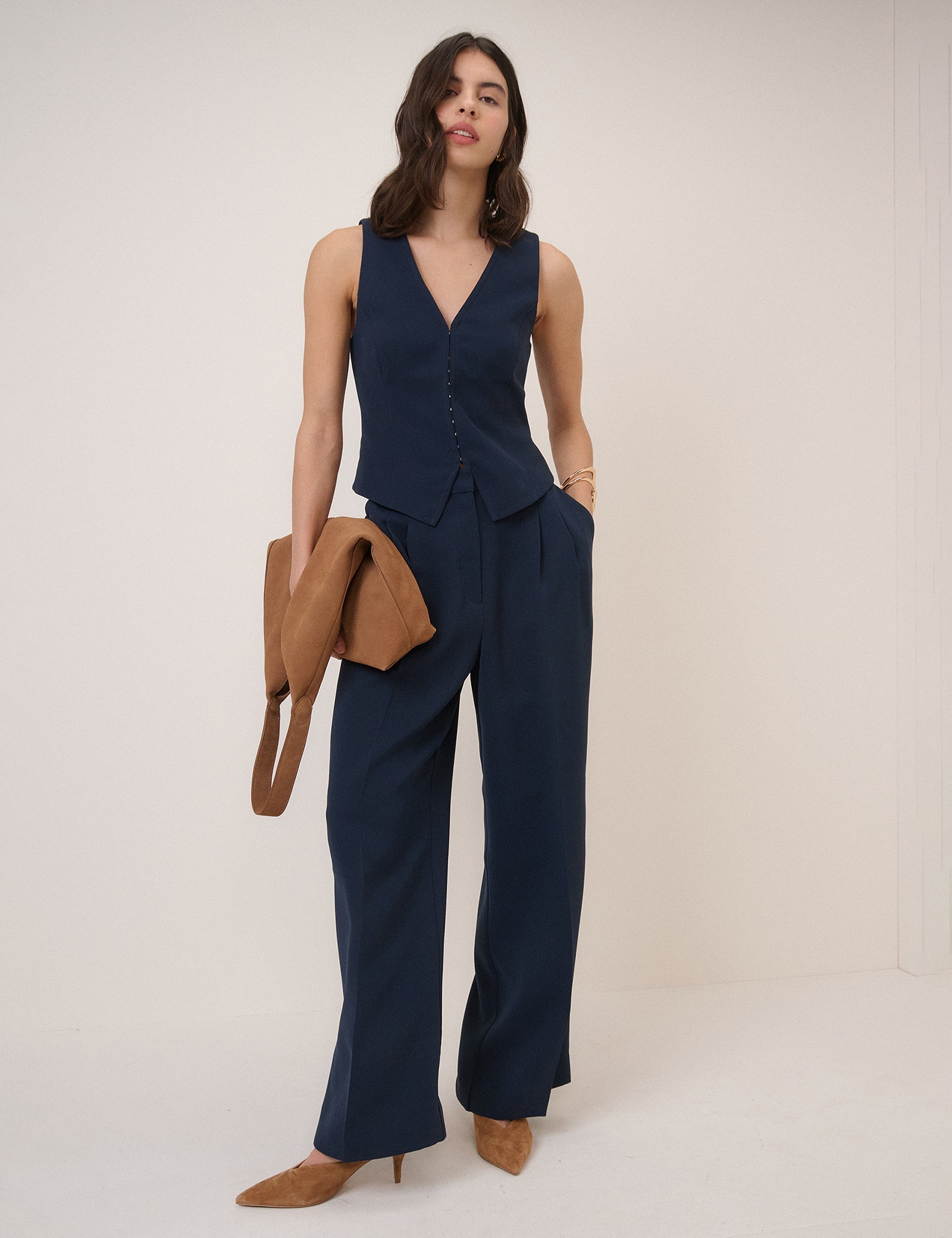 Navy Wide Leg Jax Crepe Trousers