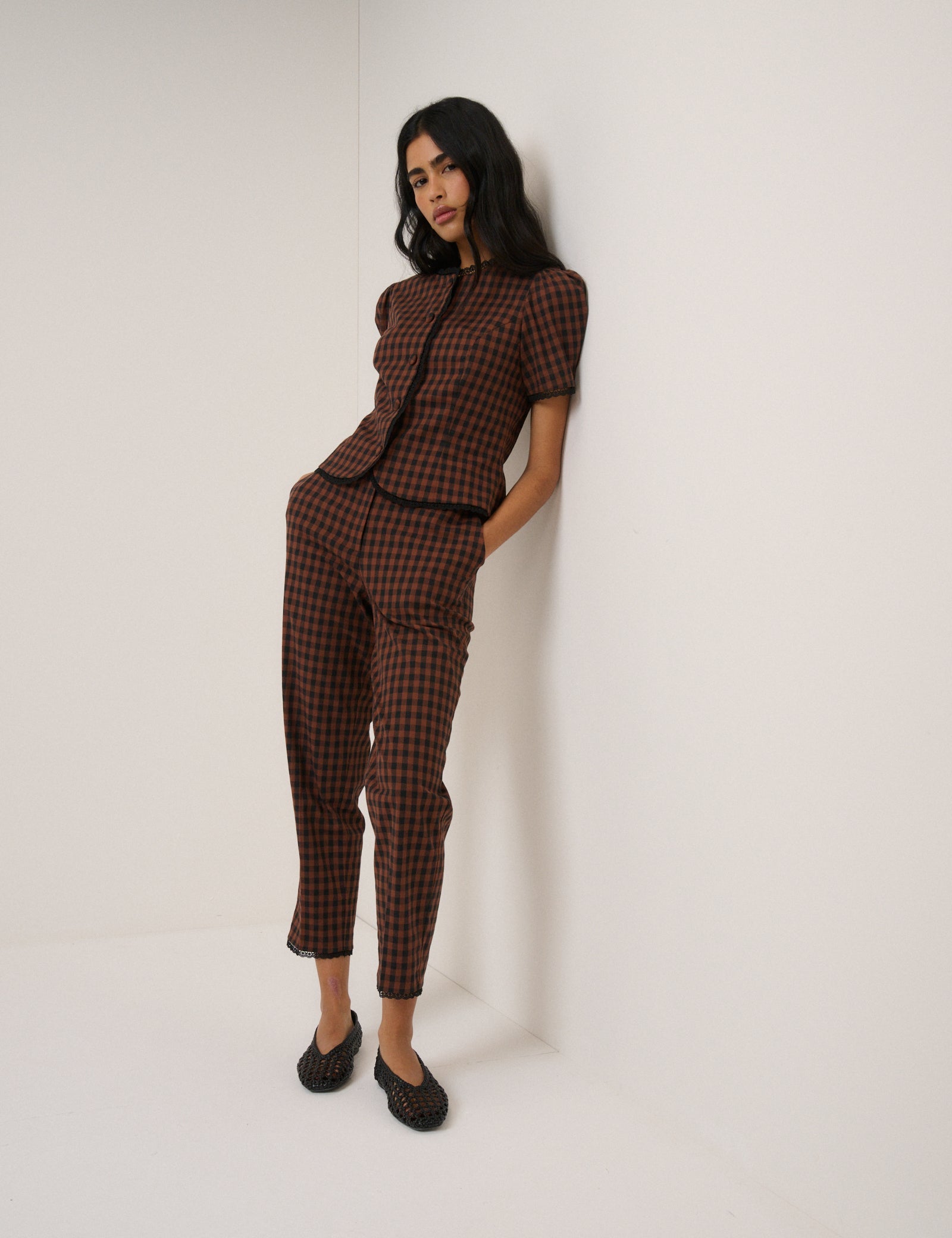 Brown Gingham Puff Sleeve Tailored Top