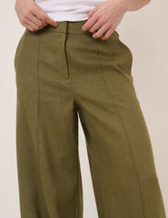 Khaki Linen-Blend Wide Leg Tailored Trousers