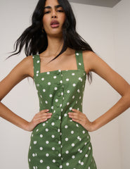 Green Polka Dot Strappy Tailored Dress