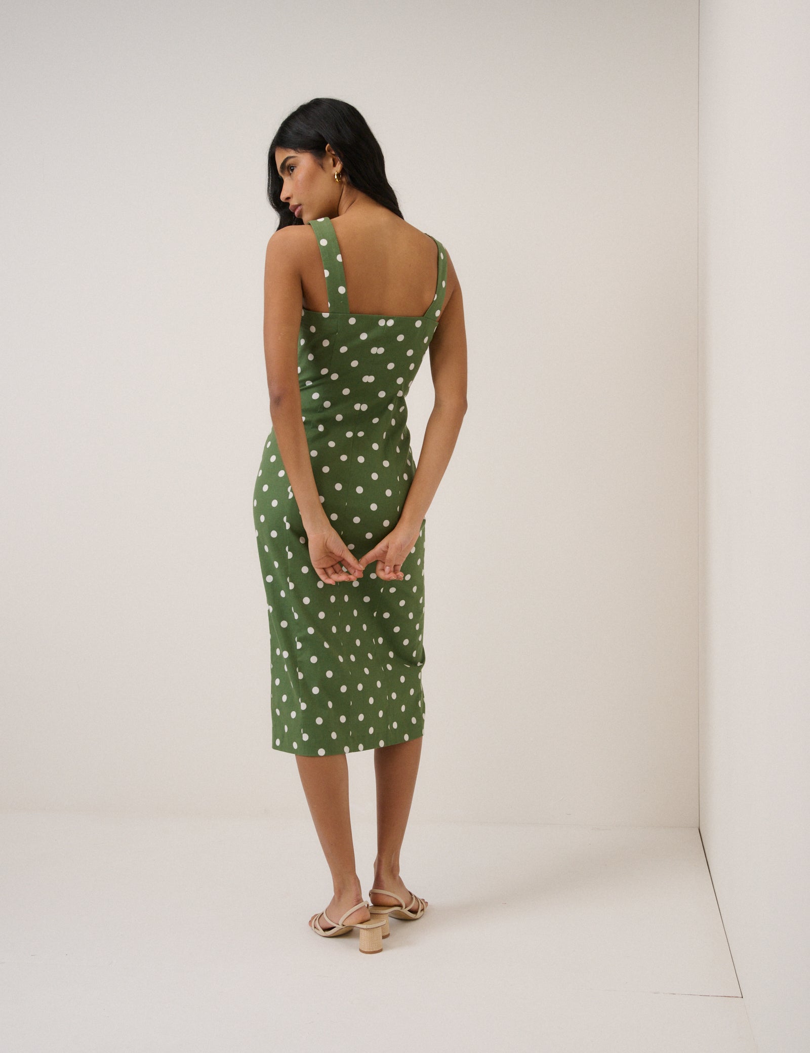 Green Polka Dot Strappy Tailored Dress