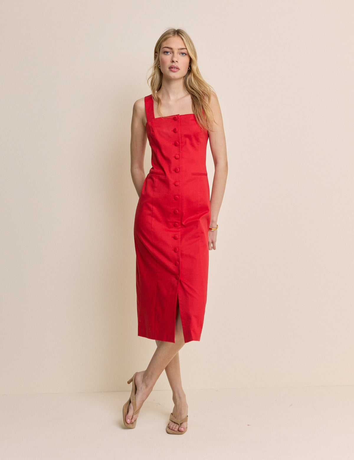 Red Square Neck Tailored Dress