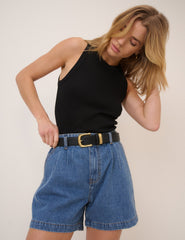 Mid Wash A-Line Denim Shorts