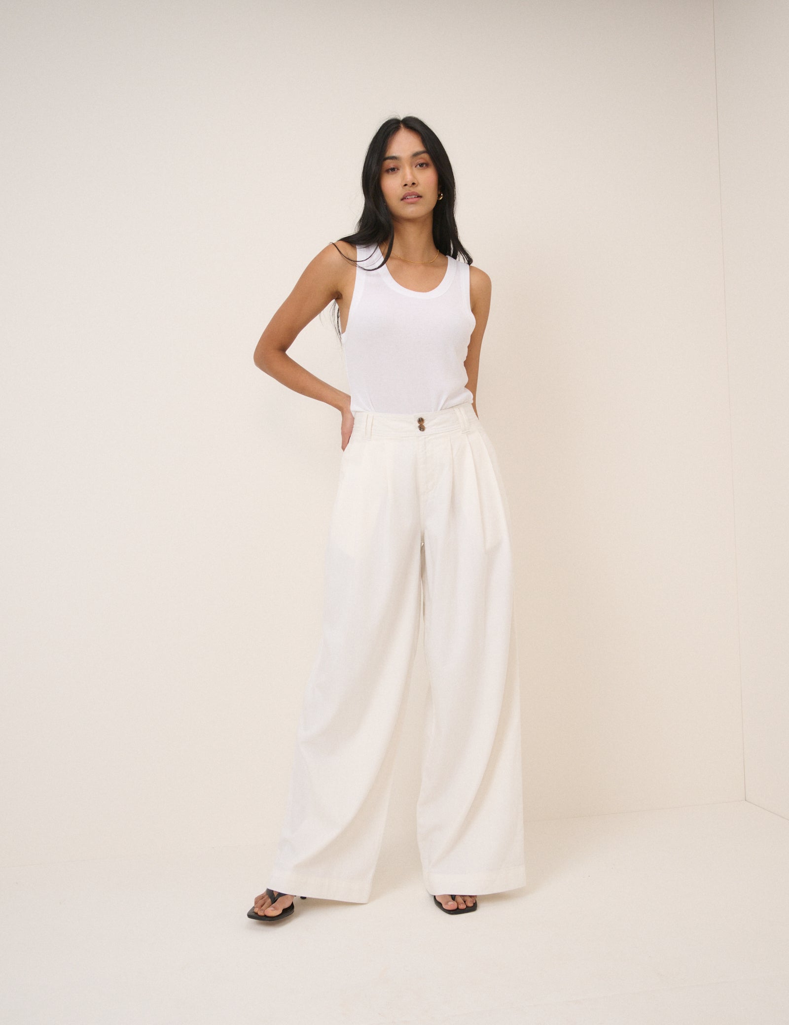White Pleated Wide Leg Trousers