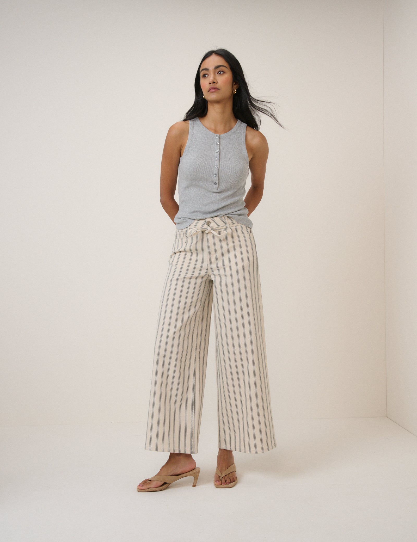 Ecru Striped Cropped Soho Wide Jeans