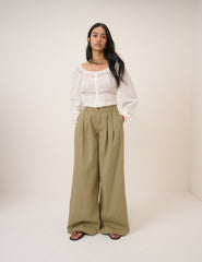 Green Pleated Wide Leg Trousers