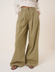 Green Pleated Wide Leg Trousers