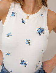 White Flower Print Embroidered Vest