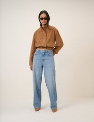 Brown Funnel Neck Suede Bomber