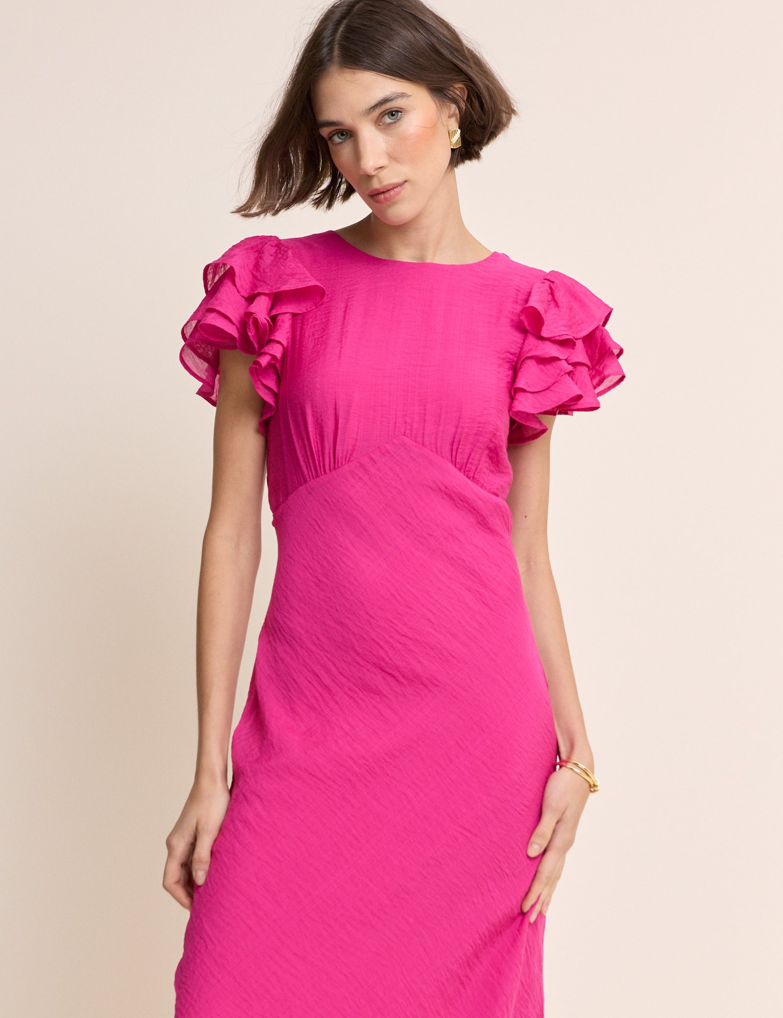 Pink Frill Sleeve Lola Midi Dress