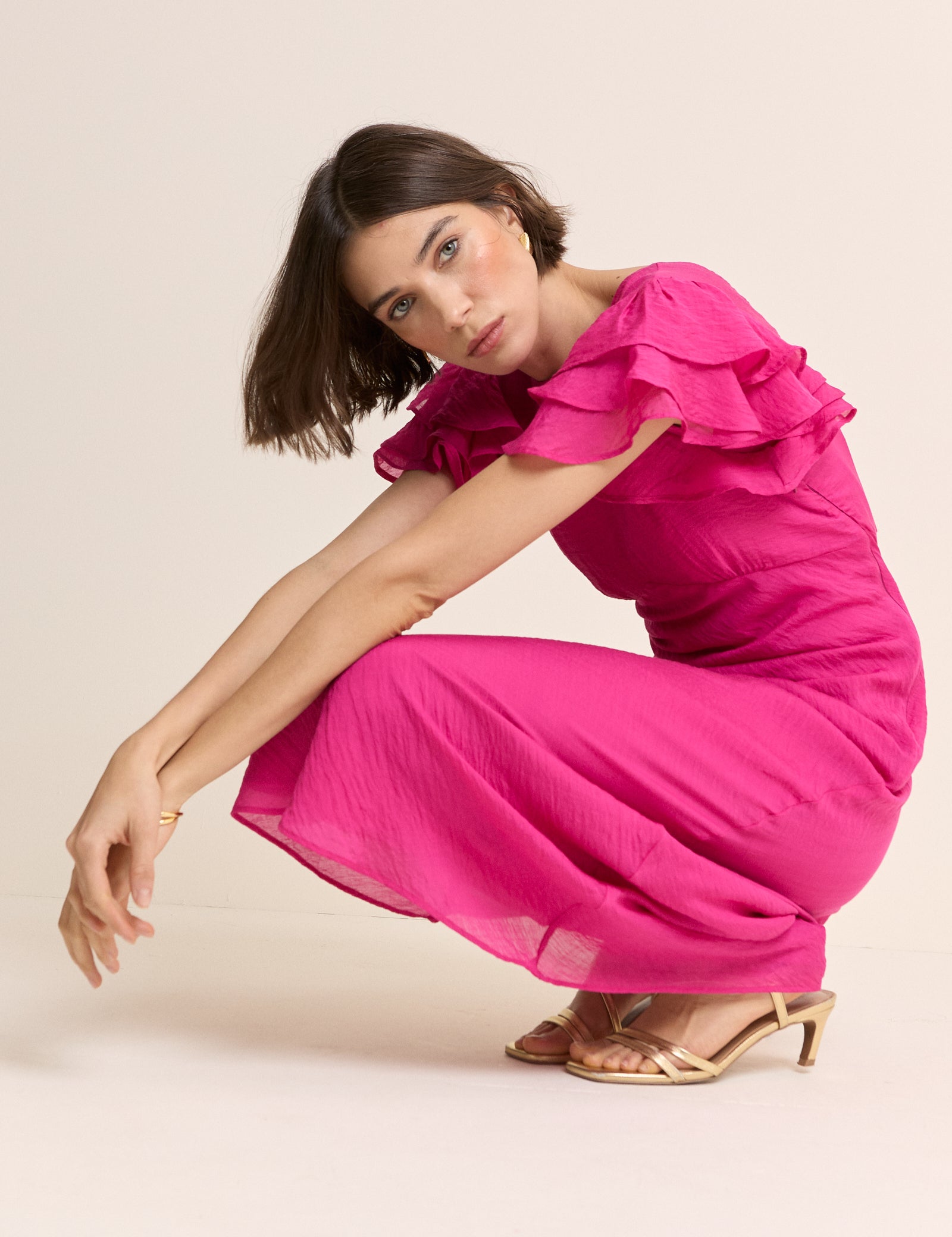 Pink Frill Sleeve Lola Midi Dress