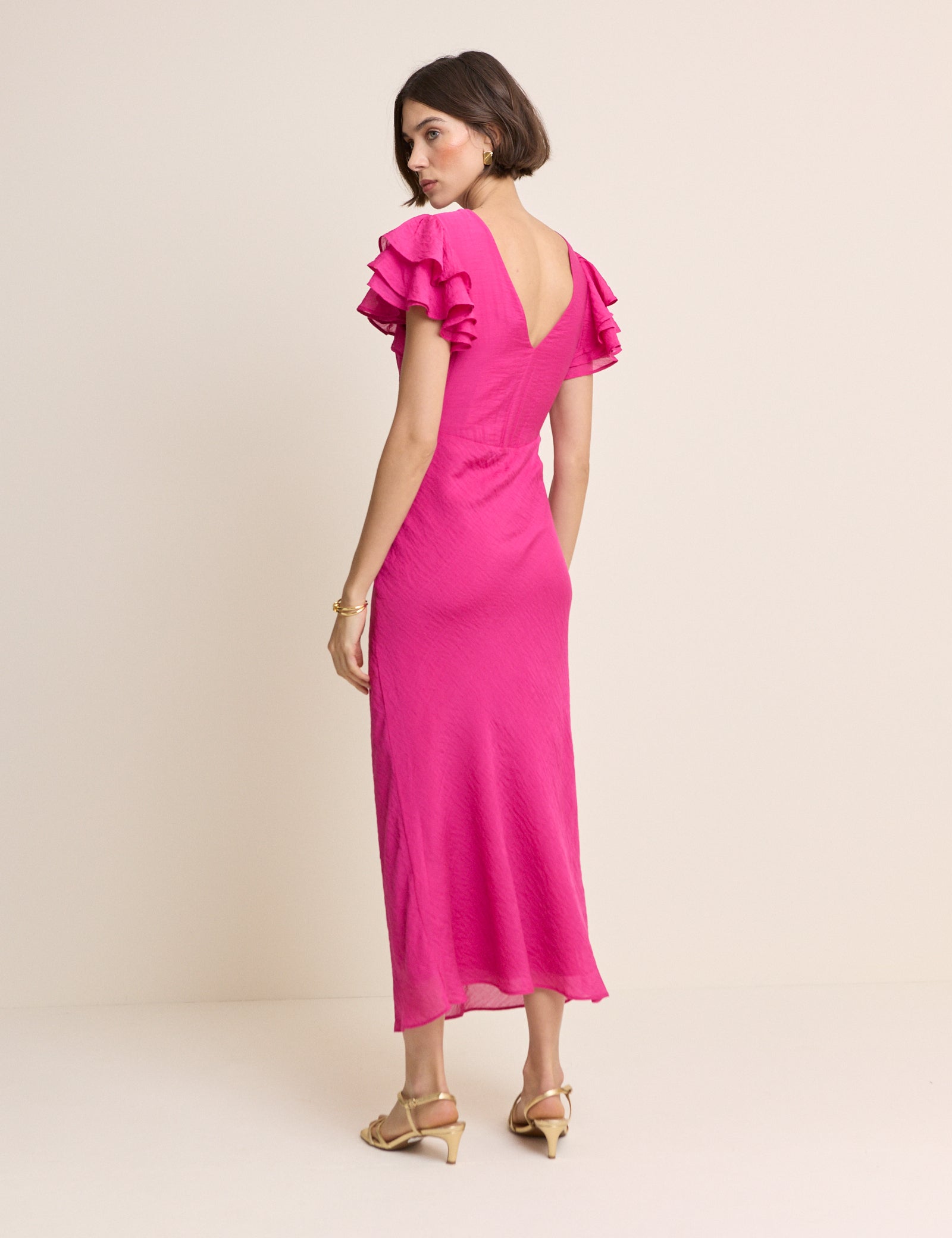 Pink Frill Sleeve Lola Midi Dress