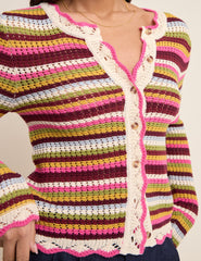 Multi-Coloured Striped Scallop Crochet Cardigan