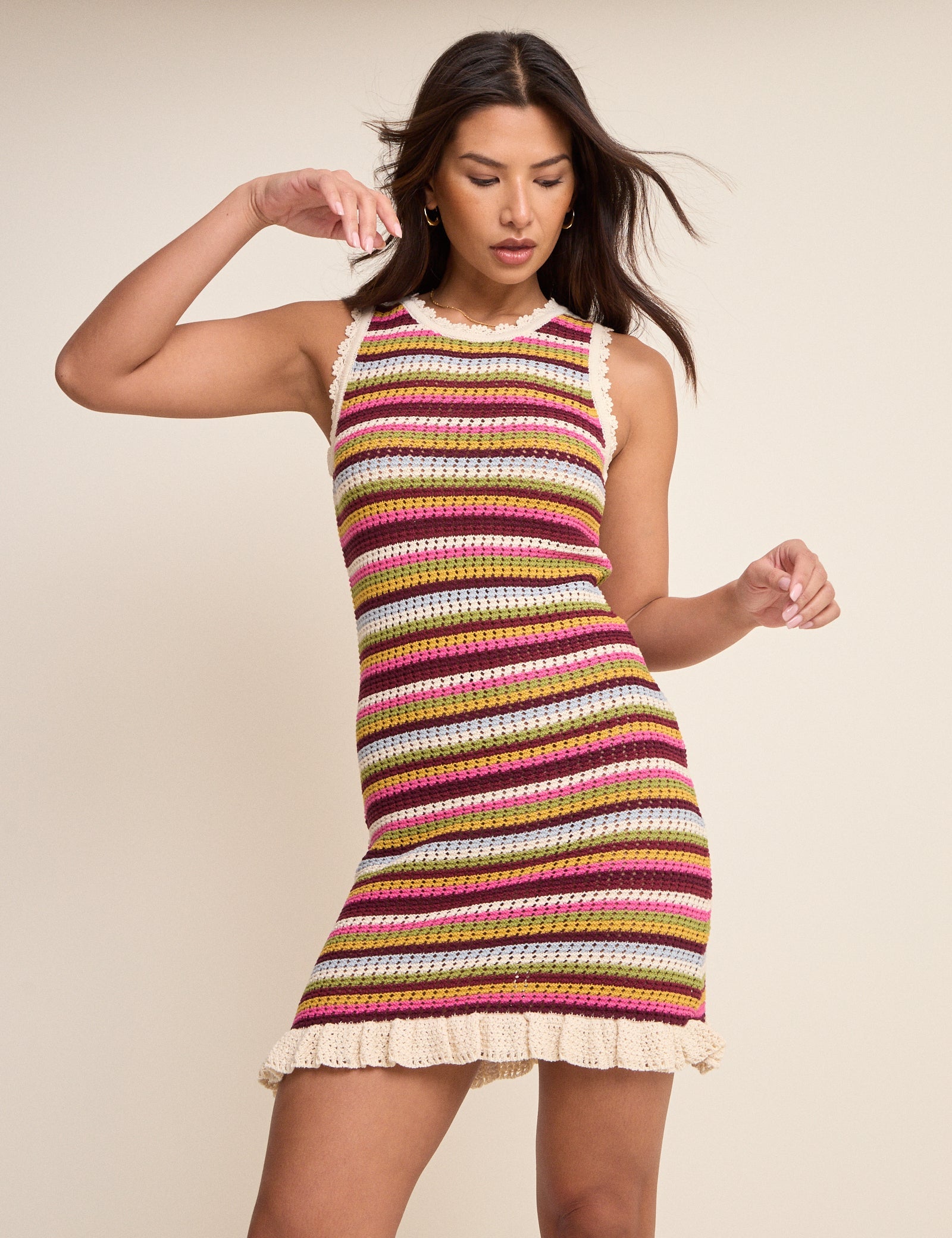 Multi-Coloured Striped Crochet Mini Dress