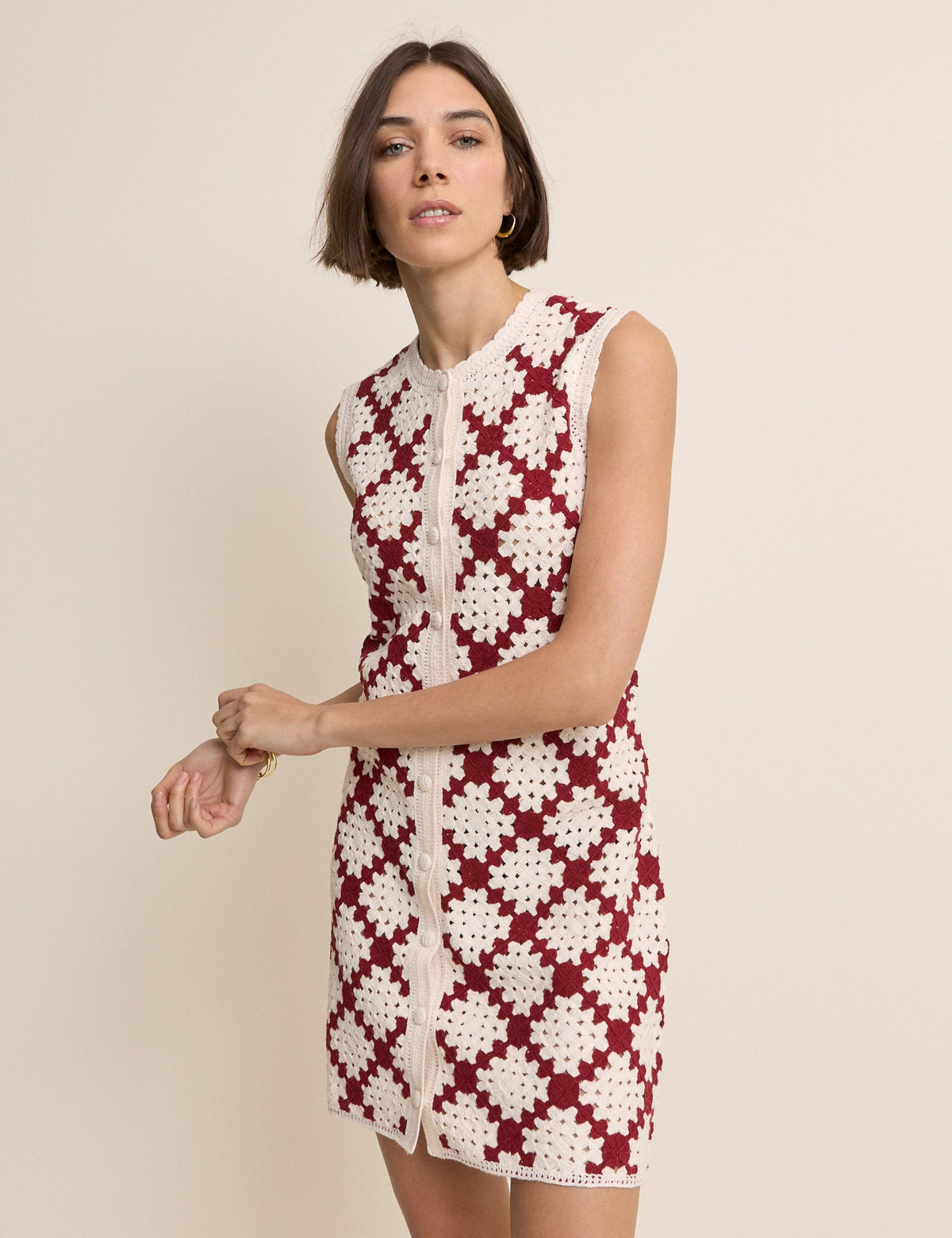 Red and White Crochet Button Through Mini Dress