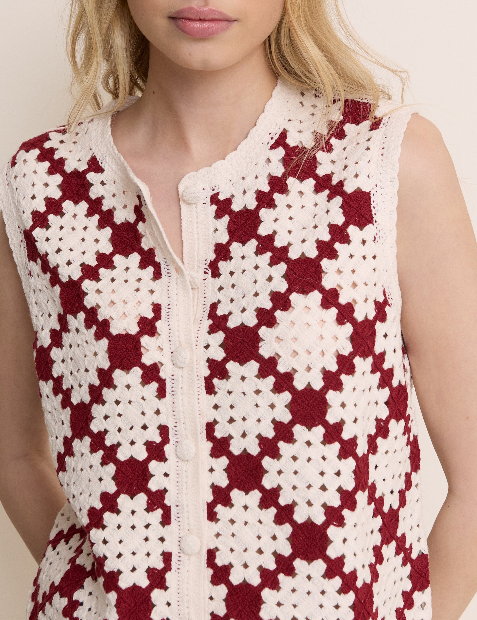 Red and White Crochet Button Through Waistcoat