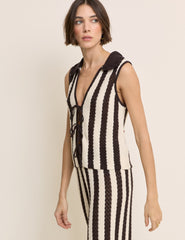 Brown and White Striped Crochet Tie Front Waistcoat