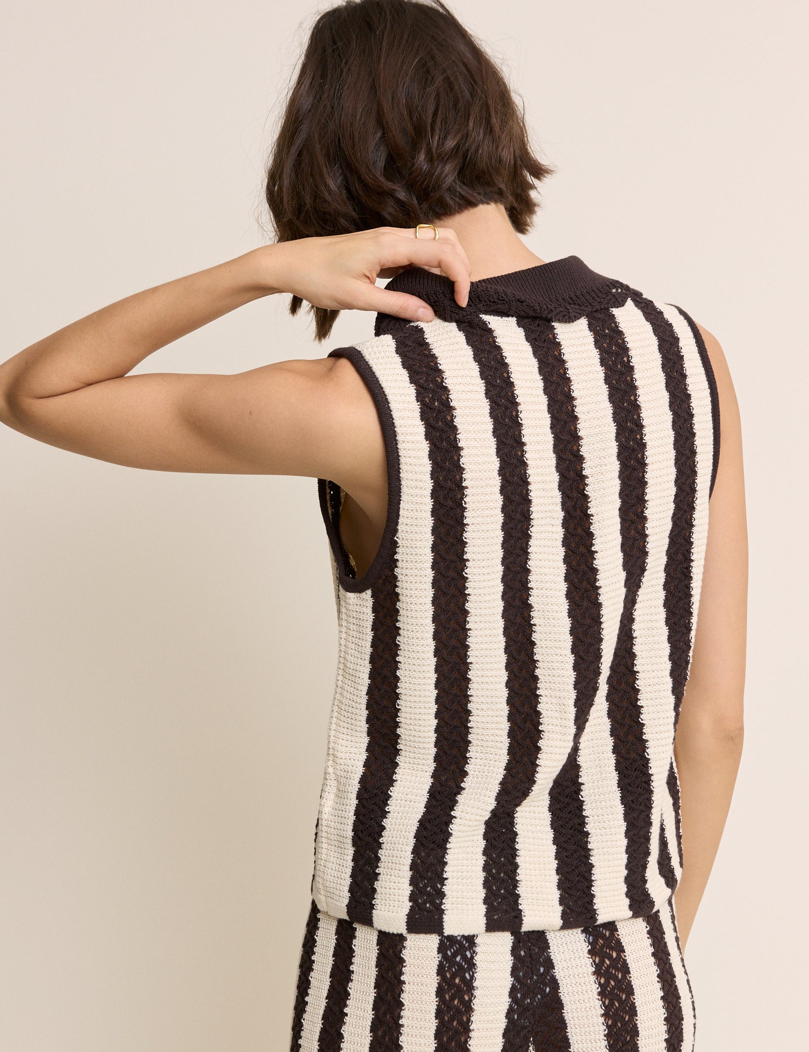 Brown and White Striped Crochet Tie Front Waistcoat