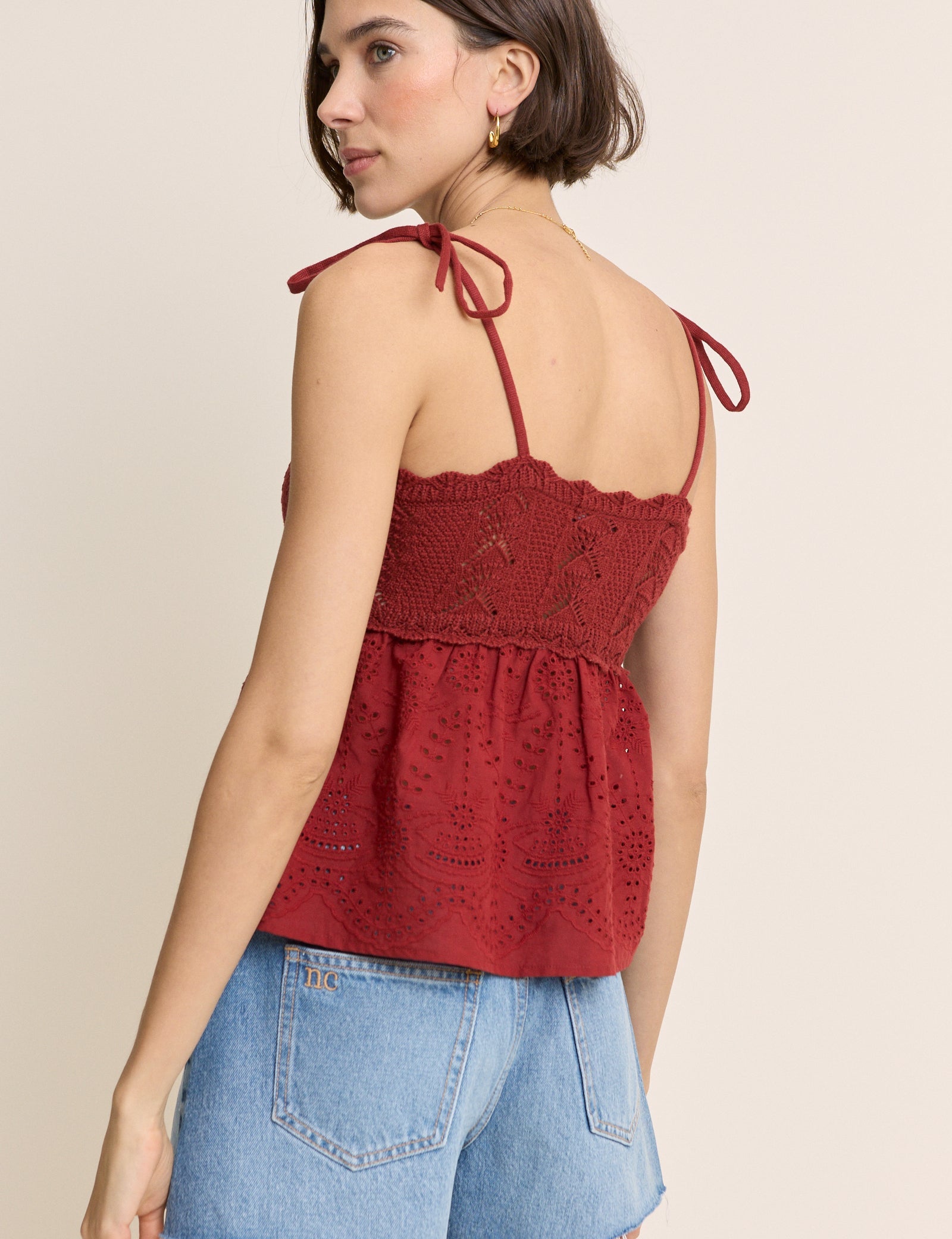 Red Crochet Broderie Anglaise Cami Top