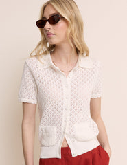 White Short Sleeve Crochet Collar Cardigan