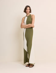 Khaki Abstract Stripe Halter Neck Maxi Dress