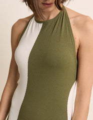 Khaki Abstract Stripe Halter Neck Maxi Dress