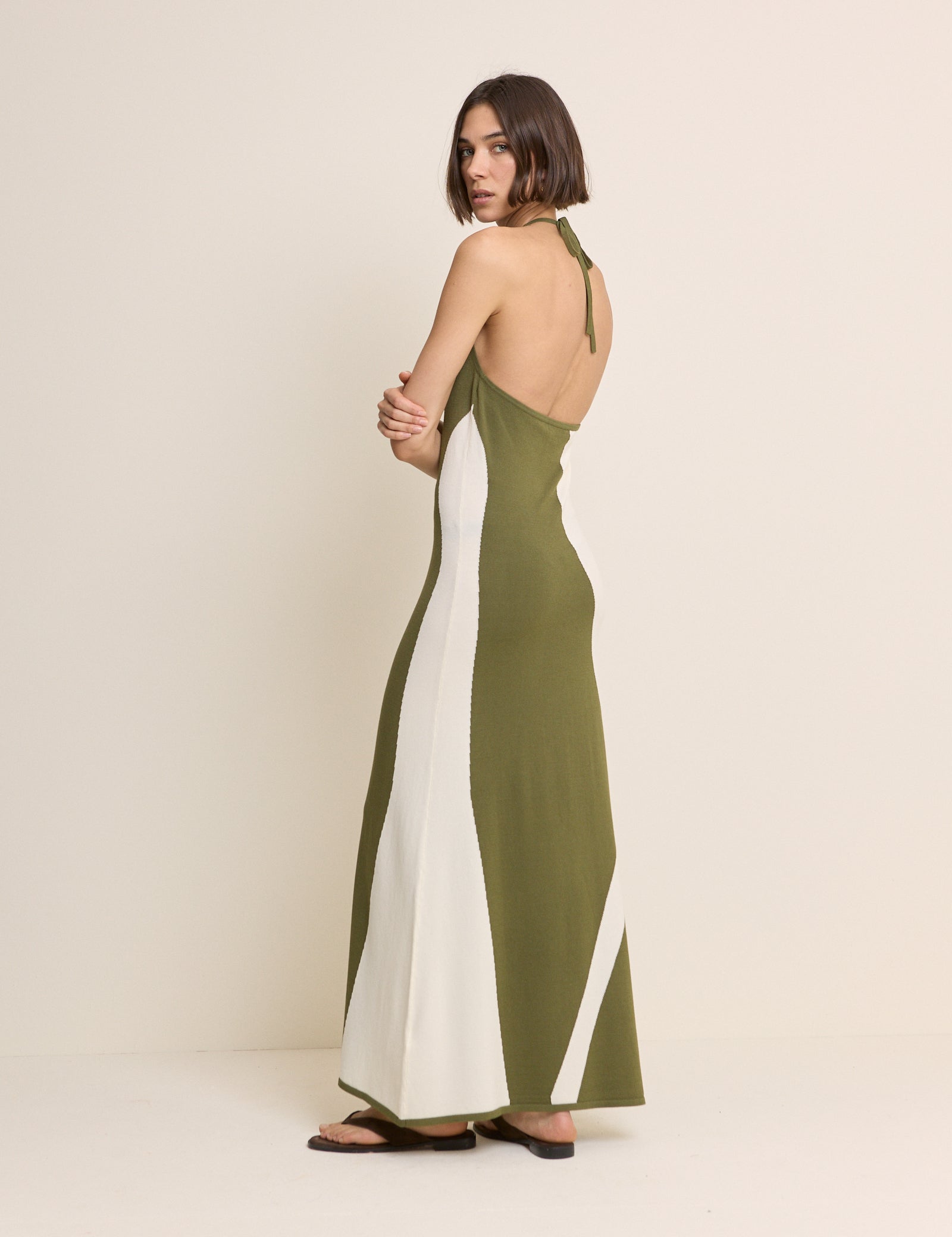Khaki Abstract Stripe Halter Neck Maxi Dress