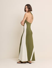 Khaki Abstract Stripe Halter Neck Maxi Dress
