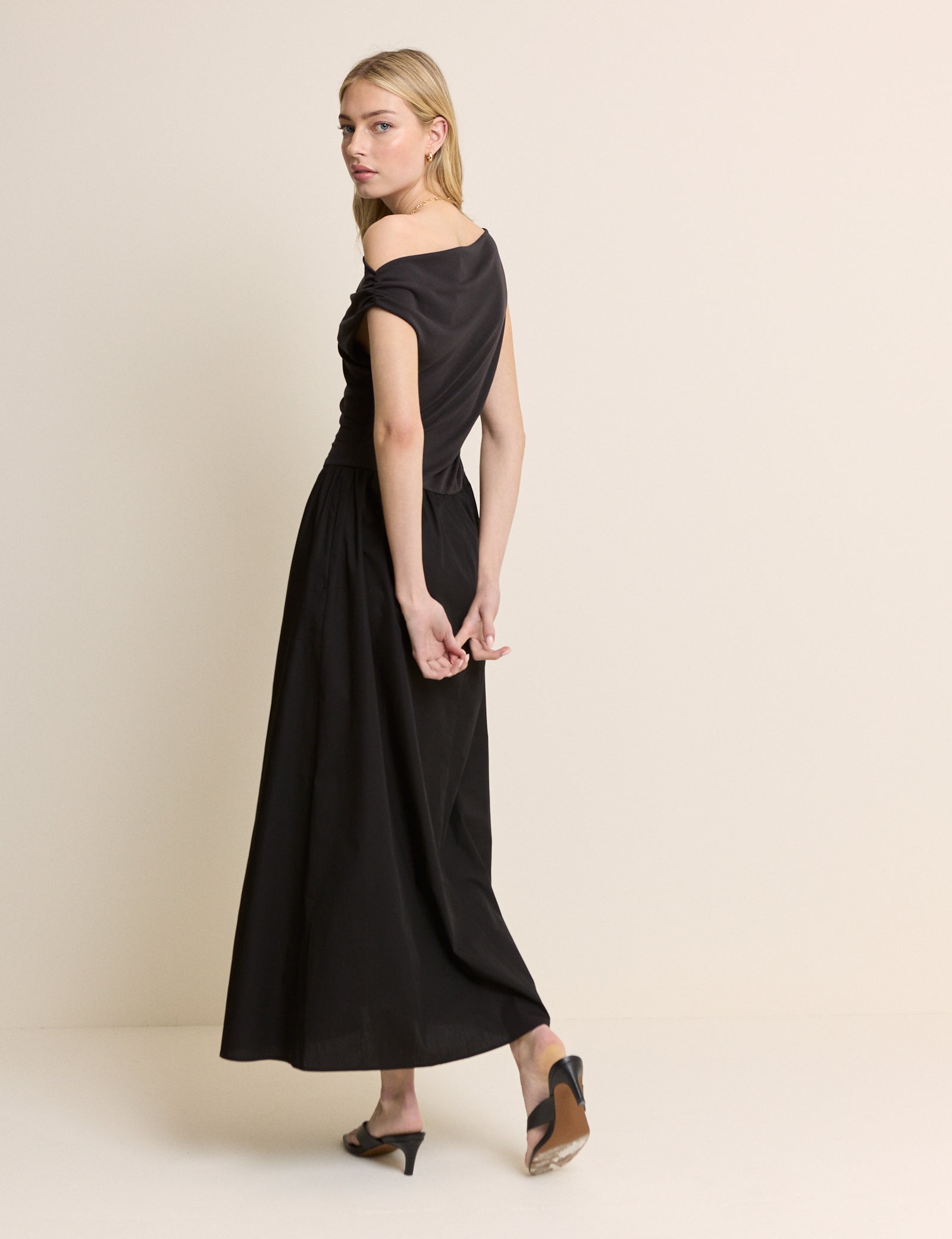 Black Draped Off Shoulder Beth Midi Dress